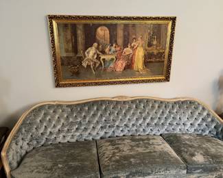 Vintage French provincial baby blue crushed velvet sofa