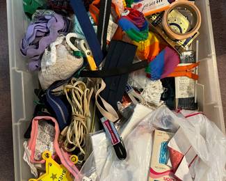 Assorted notions, zipper, trims, bias tape, ribbon, electric scissors. Entire box $30 obo