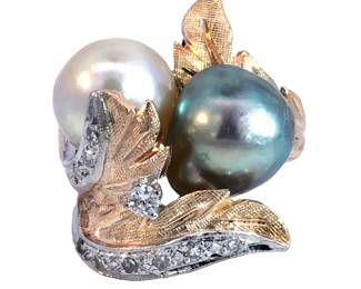 Vintage 14k White Grey Baroque Pearl Bypass Ring