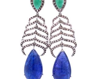 Cabochon Tanzanite, Emerald Diamond Earrings