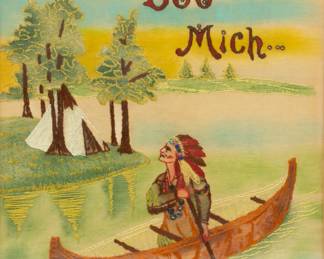 Lot 4042
American Beaded And Embroidered Linnen Souvenir Wall Hanging 1950, 'Soo, MI'