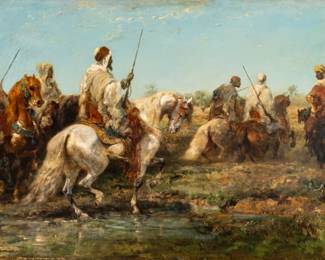 Lot 1010
Adolf Schreyer (German, 1828-1899) Oil on Canvas 'Arabian Warriors on Their Mounts', H 27" W 53" Frame Size: H 35" W 61"