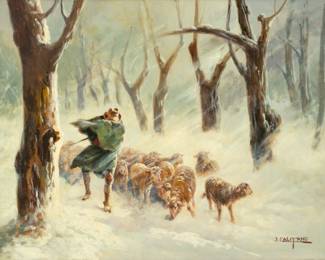 Lot 1085
John Califano (American, 1862-1946) Oil on Canvas Shepherd in a Driving Snow H 19" W 24" Frame Size: H 26.5" W 31.5"