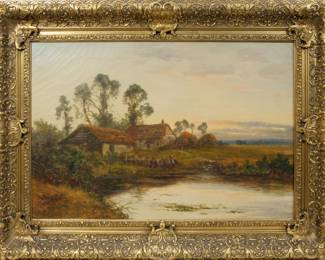 Lot 1026
Daniel Sherrin (English, 1868-1940) Oil on Canvas, 'Rural Landscape with a Fisherman at Twilight', H 20" W 30" Frame Size: H 29" W 39"