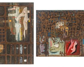 Lot 1070
Miroslav Rada (Czechoslovakia, 1926-2017) Mixed Media on Canvas on Wood Panels 1966-1968, 'Pet Minut Pote; Nadeje', H 16" W 20.75" 1 PAIR