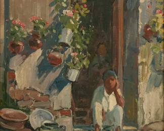Lot 1056
Hanson Duvall Puthuff (American, 1875-1972) Oil on Canvas, Ca. Early 20th C., 'Sketch Figures in a Doorway', H 20" W 16" Frame Size: H 23.5" W 19.5"