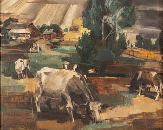 Lot 1021
Zoltan Sepeshy (American, 1898-1953) Tempera on Masonite, Ca. 1940, 'Untitled (Rural Landscape)', H 25" W 30" Frame Size: H 29" W 34"