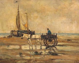 Lot 1068
Anton Stockmann (Swiss, 1868-1940) Oil on Canvas 'Bringing in the Catch at Low Tide', H 18.25" W 24.25" Frame Size: H 28" W 35.75"