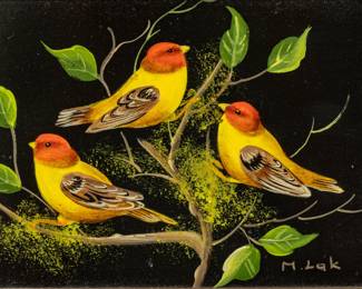 Lot 4047
Maria Lak (American, 1929-2023) Oil on Masonite 20th C., 'Birds Perched on a Branch'