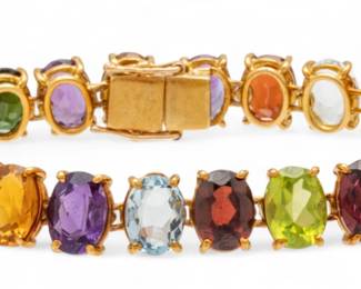 Lot 11
18k Yellow Gold Link Multi Jewel Bracelet with 26 Full Cut Citrines, Amethyst, Topaz, Peridot, Garnet, C 1950, 54cm 22 g