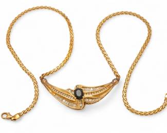 Lot 30
14K Yellow Gold Chain, Diamond Baguette And Deep Blue Sapphire L 16" 13 g