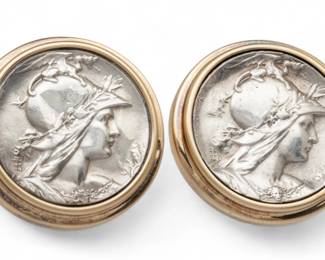 Lot 78
Pair of Silver And 14k Yellow Gold Coins Mounted As Earrings, Ca. 1900, Dia. 1.12" 28 g 2 PCS