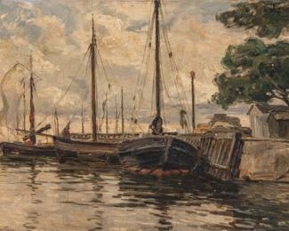 Lot 1066
Achton Friis (Danish, 1871-1939) Oil on Canvas 'Harbor Scene', H 20" W 26" Frame Size: H 25" W 31"