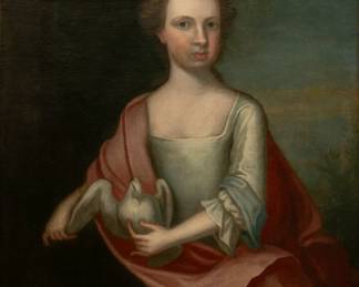 Lot 1028
French Oil on Canvas, 18th C., 'Portrait of a Girl Holding a Dove', H 29.75" W 25" Frame Size: H 37.5" W 32.5"