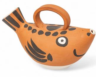Lot 1043
Pablo Picasso (Spanish, 1881-1973) Terre De Faience Pitcher, Painted in Colors 1952, 'Sujet Poisson', H 4.82" L 7.82" Depth 3.5"