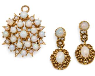 Lot 84
Opal, Diamond, And 14k Yellow Gold Earring And Pendant/Brooch Set 22 g 3 PCS