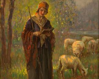 Lot 1072
Charles Waltensperger (American, 1870-1931) Oil on Canvas, 'Shepherdess And Her Flock', H 14" W 12" Frame Size: H 20" W 18"