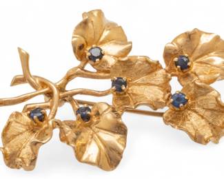 Lot 89
14k Yellow Gold And Blue Sapphire Leaf Motif Brooch 1950, H 0.7" 7 g