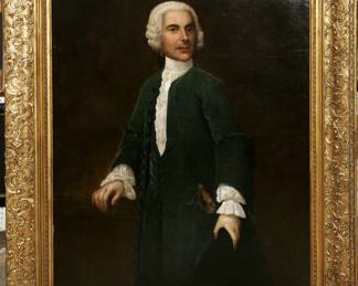 Lot 1030
English Portrait Oil on Canvas, 18th C., 'Courtier with Rapier', H 50" W 38" Frame Size: H 63" W 51"