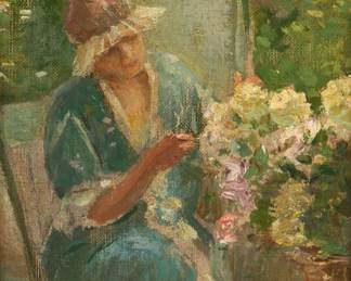 Lot 1078
Joseph W. Gies (American, 1860-1935) Oil on Canvas Board, 'Woman Tending Flowers', H 10" W 8" Frame Size: H 14" W 12"