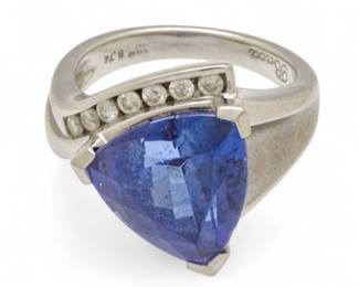 Lot 24
"Baca" 18k White Gold, Triangular Blue Tanzanite And Diamond Ring 7 9 g