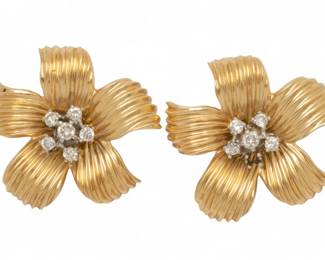 Lot 76
14K Yellow Gold And Diamond Flower Clip Earrings 1960, 12 g 1 PAIR