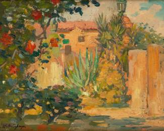 Lot 1075
Charles Waltensperger (American, 1870-1931) Oil on Board, 'Mediterranean Courtyard', H 6" W 8.5" Frame Size: H 10.5" W 13"