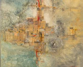 Lot 1100
William Lewis (American, 1918-2020) Mixed Media on Canvas, 1965, 'Above the Fruited Plain', H 36" W 40" Frame Size: H 37.5" W 41.5"
