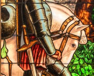 Lot 1003
After George Frederick Watts (British, 1817-1904) Stained And Painted Art Glass Monumental Window, Ca. 1900-1920, 'Sir Galahad And His White Horse'