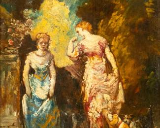 Lot 1065
Adolph Monticelli, (French, 1824-1886) Oil on Panel 'Two Women And Their Dogs', H 18" W 13"