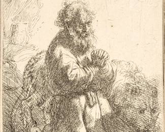 Lot 1061
Rembrandt Van Rijn (Dutch, 1606-1669) Etching on Paper, Laid Down 'St. Jerome Kneeling in Prayer, Looking Down', H 4.4" W 3.125"