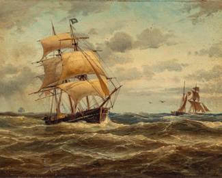 Lot 1083
Bearing Signature A. Koekkoek Oil on Mahogany Panel 'Ships in Choppy Seas', H 9.5" W 13.5" Frame Size: H 18.75" W 22.5"