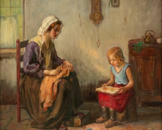 Lot 1077
Charles Waltensperger (American, 1870-1931) Oil on Canvas, 'Dutch Interior with Mother And Child', H 13" W 16" Frame Size: H 15.75" W 18.5"