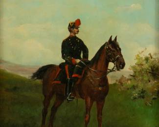 Lot 1064
Paul Emile Léon Perboyre (French, 1851-1929) Oil on Beveled Mahagony Panel 'French Cavalry Soldier', H 8.75" W 6.25"