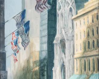 Lot 1018
Guy Arthur Wiggins (American, 1920-2020) Oil on Canvas 'Looking North up Fifth Avenue, New York City', H 14" W 11" Frame Size: H 13" W 15"