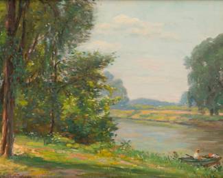 Lot 1073
Charles Waltensperger (American, 1870-1931) Oil on Masonite, 'Summer at the River Bank', H 12" W 15" Frame Size: H 15.5" W 18.25"