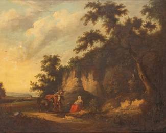 Lot 1012
Attributed to Nicholaes Pietersz Berchem (Dutch, 1620-1683) Oil on Canvas, Ca. 17th C., 'Drover with Wife And Child in an Arcadian Landscape', H 21.75