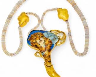 Lot 70
Artist Signed 18K Yellow Gold, Enamel Tiger Pendant And Opal Bead Necklace L 18" 63 g 1 PC