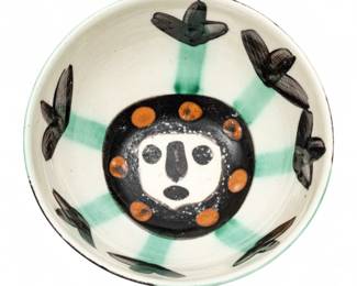 Lot 1044
Pablo Picasso (Spanish, 1881-1973) Terre De Faience Bowl, Painted in Colors And Flazed 1955, 'Visage (Face)', H 2.5" Dia. 5"