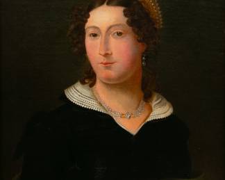 Lot 1032
Continental European Oil on Canvas Portrait of a Woman with Seed Pearl Tiara, 18th C., H 25" W 20" Frame Size: H 32" W 27"