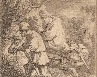 Lot 1060
Rembrandt Van Rijn (Dutch, 1606-1669) Etching on Laid Paper, 1633, 'The Flight into Egypt: Small Plate', H 3.5" W 2.5"