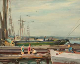Lot 1074
Charles Waltensperger (American, 1870-1931) Oil on Canvas Board, 'New England Harbor Scene', H 12" W 15" Frame Size: H 14" W 17"