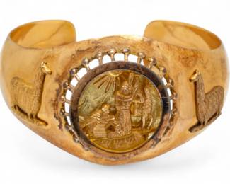 Lot 67
Llama Motif (Peruvian) Gold Cuff Bracelet Stamped 18K , 1940, 47 g