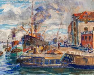 Lot 1081
European Gouache on Paper, Ca. Mid 20th C., 'Busy Harbor Scene', H 25.75" W 33.75" Frame Size: H 31.5" W 39.5"