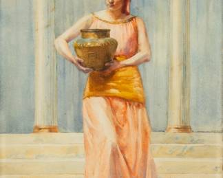 Lot 1027
Florence Vincent Robinson (American, 1874-1937) Watercolor on Paper, 'Grecian Maiden Carrying an Urn', H 17.5" W 14" Frame Size: H 27" W 22"