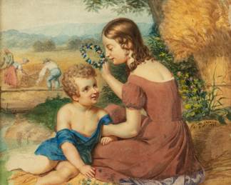 Lot 1011
Emily Mary Osborn (British, 1828-1925) Watercolor on Paper, 1853, 'A Crown of Flowers', H 11.5" W 8.4" Frame Size: H 16.5" W 12.5"