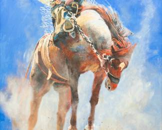 Lot 1014
Charles Schridde (American, 1926-2011) Oil on Canvas 20th C., 'Bronco Buster', H 44.5" W 32" Frame Size: H 50" W 38"
