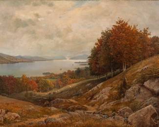 Lot 1051
Frank Anderson (American, 1844-1891, 1844-1891) Oil on Canvas 1878, 'Fall on the Banks of the Hudson River', H 18.5" W 26.5" Frame Size: H 26" W 34"