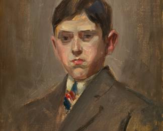 Lot 1079
Joseph W. Gies (American, 1860-1935) Oil on Canvas Board, Ca. 1915, 'Portrait of Young Man', H 19.75" W 15.5" Frame Size: H 24" W 19.75"