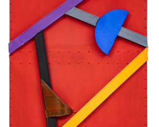Lot 1091
Nathan Slate-Joseph (Israeli, B. 1943) Oil on Steel, 1985-86, 'Four Aces', H 42.25" W 36" Depth 6"